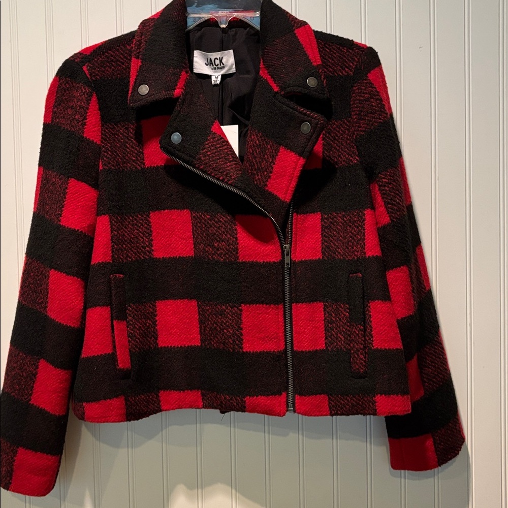 NWT BB Dakota Bell Behaved Red and Black plaid Moto Jacket Size M